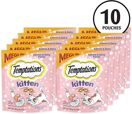 Temptations Kitten Crunchy and Soft Cat Treats Salmon and Dairy Flavor, 6.3 oz. Pouch, (Pack of 10)