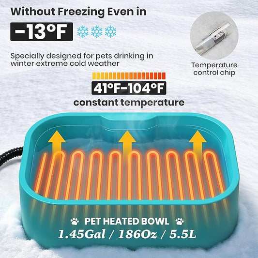 1.45 Gal/5.5L Heated Water Bowl, Extra Large Heated Dog Bowls for Outside, Safety Listed Heated Pet Bowl with Anti-Chew Cord for Dog & Cat Drinking Water in Winter, BPA-Free, Anti-Slip Base(Blue)