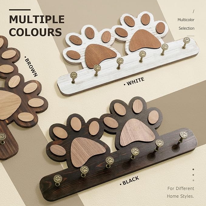 MTERSN Farmhouse Key Holder for Wall - Decorative Dog Leash Hanger Wall Mounted and Coat Rack with 6 Unique 3D Pet Claw Hooks - Dog Accessories Organizer for Rustic Home Decor (Dark Brown)