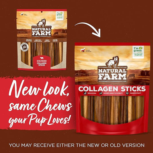 Natural Farm Odor-Free Super Collagen Dog Chews (12-Inch, 5-Pack) The First Ever Real Bull Sticks Alternative: 100% Natural Angus Hide Collagen Treats - More Protein, More Chew Time for All Dogs