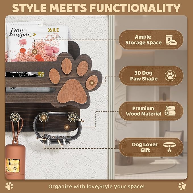 MTERSN Decorative Dog Leash Holder for Wall - Cute Dog Accessories Organizer with Floating Shelf & 6 Key Hooks – Key Holder Wall Mount for Cute Stuff and Farmhouse Decor (Dark Brown)