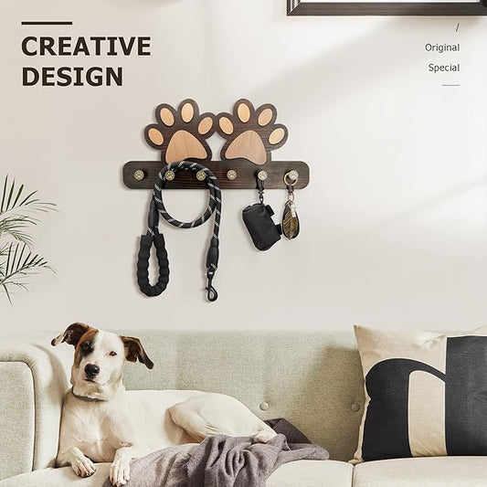 MTERSN Farmhouse Key Holder for Wall - Decorative Dog Leash Hanger Wall Mounted and Coat Rack with 6 Unique 3D Pet Claw Hooks - Dog Accessories Organizer for Rustic Home Decor (Dark Brown)