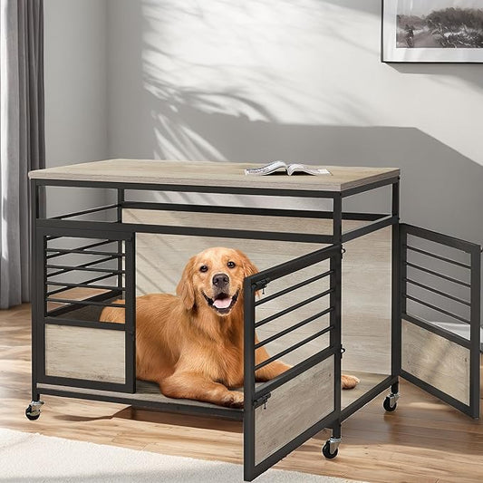 YITAHOME 39" Dog Crate Furniture with Wheels, Heavy Duty Wood Dog Cage Table with Double-Doors Chew-Resistant Farmhouse Decorative Wooden Dog Kennel Indoor for Large and Medium Dogs, Grey