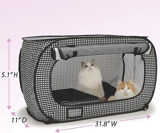 Necoichi Stress-Free Enclosure Cat Travel Carrier Cage 31.8" L x 20.0" W x 20.0" H Collapsible Gray White Stripes | Pop up Kannel, Crates