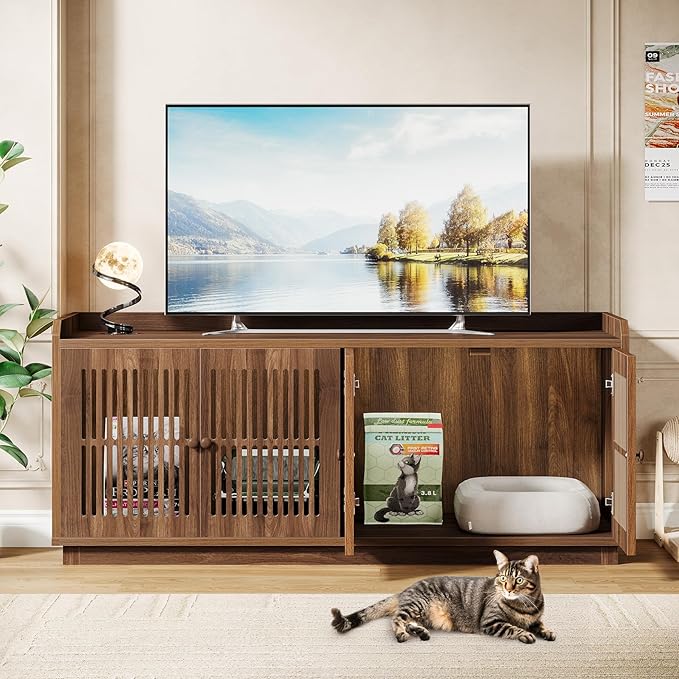 Tribesigns 2 Cats Litter Box Enclosure, 55.1-Inch Extra Large Hidden Litter Box Furniture with 2 Cabinets and Side Entry, Wooden XL Cat Washroom Furniture with Storage for Living Room, Rustic Brown