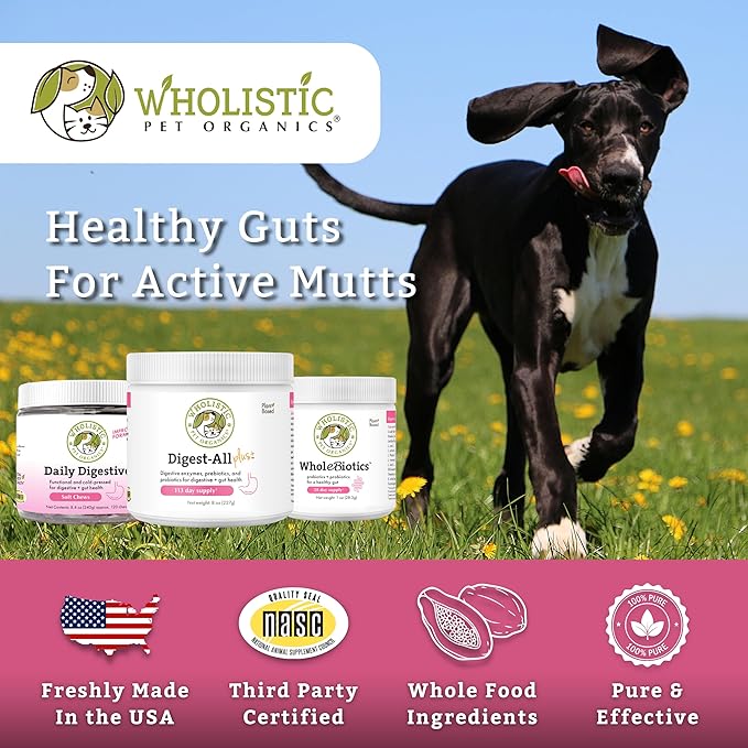 Wholistic Pet Organics Probiotics for Dogs with Digestive Enzymes & Prebiotic Fiber - 4 Oz - Daily Cat & Dog Probiotics for Digestive Health, Anti Diarrhea & Gut Support - Cat Probiotic - 113 Scoops