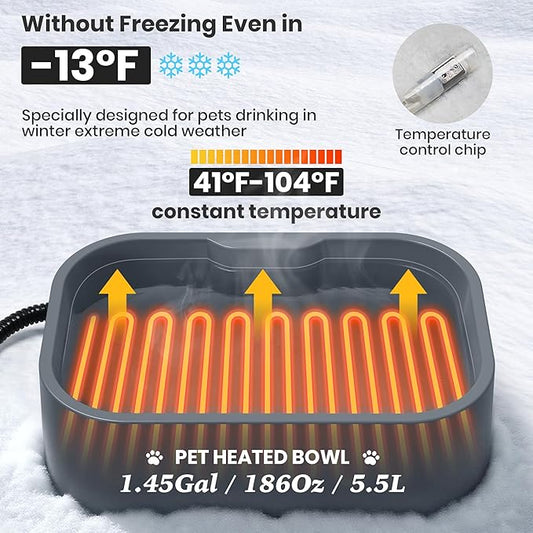 1.45 Gal/5.5L Heated Water Bowl, Extra Large Heated Dog Bowls for Outside, Safety Listed Heated Pet Bowl with Anti-Chew Cord for Dog & Cat Drinking Water in Winter, BPA-Free, Anti-Slip Base(Grey)