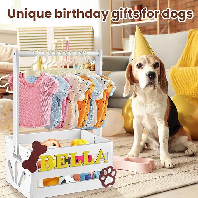 20 x 13 x 9 Wooden Dog Closet Pet Wardrobe Crate Box with Hanging Rods and Personalized Alphabet Letters Easy Assembly Baskets for Dog Cat Toys Clothes Accessories(White)