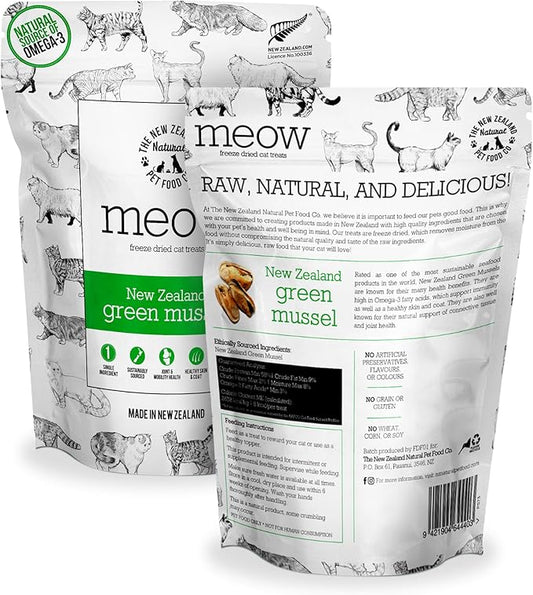 The New Zealand Natural Pet Food Co Meow Freeze Dried Cat Treats - New Zealand Green Mussel, High Protein, Healthy Cat Snacks and Toppers, All Natural for All Life Stages, 1.76 oz