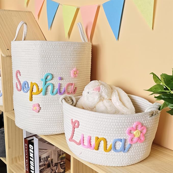 JUPPE Pet Dog Basket with Personalized Name, Dog Toys Storage Organizer Custom Cotton Rope Basket Nursery Decor (XXL Basket)