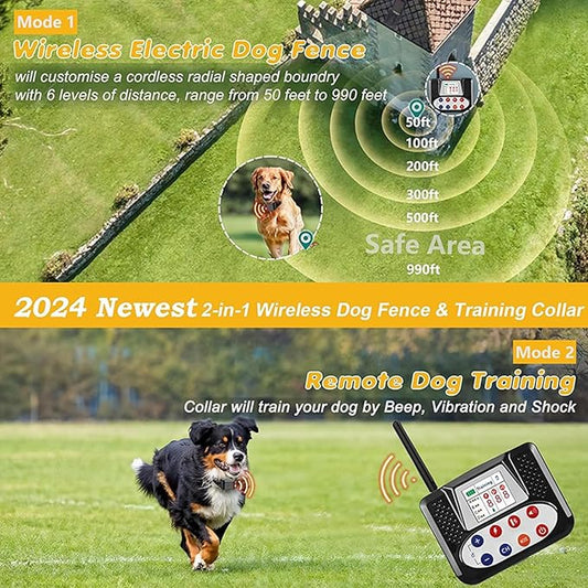 Wireless Dog Fence & Dog Training Collar 2 in 1, Electric Pet Boundary Container with Remote, Waterproof Receiver, Vibrate/Shock, Safe Effective, Stubborn Dog Fence System for Yard,for2dogs