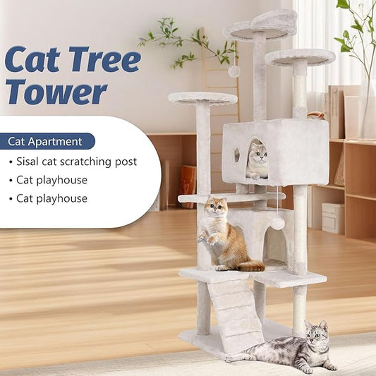 BestPet | 70" Cat Tree Tower | Cream | Sturdy, Easy to Assemble, Multi-Level Activity Center with Sisal Scratching Posts, Condos, Perches, Hanging Cat Toys, Observation Decks & Ladder