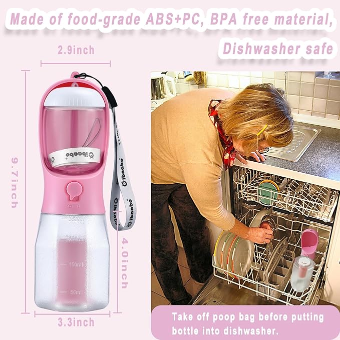 Dog Water Bottle with Food Container & Poop Bag Holder, Travel Water Bowl, Portable Pet Dispenser, Girl Dog Accessories Stuff Items Essentials Gift for Yorkie Chihuahua Walking Hiking