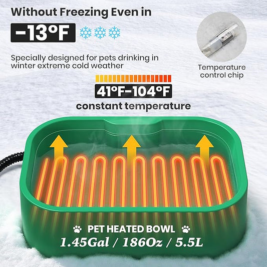 1.45 Gal/5.5L Heated Water Bowl, Extra Large Heated Dog Bowls for Outside, Safety Listed Heated Pet Bowl with Anti-Chew Cord for Dog & Cat Drinking Water in Winter, BPA-Free, Anti-Slip Base(Green)
