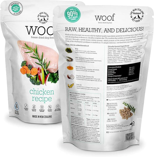 The New Zealand Natural Pet Food Co WOOF Freeze Dried Dog Food - Chicken Recipe, High Protein Dog Treats & Snacks, Dog Food Toppers & Meals, 2.2 lb
