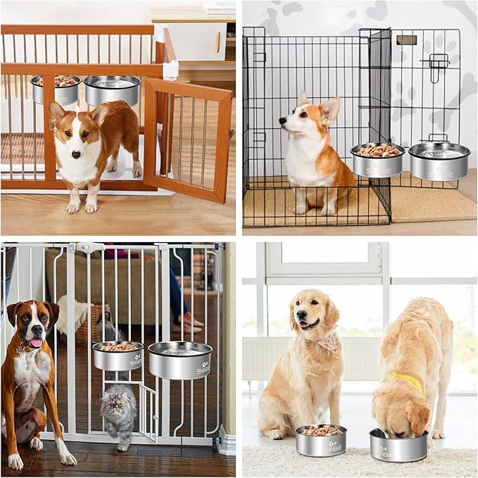 Water Bowl for Dog Crate, ShineMe 34oz & 25oz Stainless Steel Dogs Bowls, Dog Food and Water Bowl Set Mountable in Crate Kennel Cage, 2 Pack, Silver (6.2x2.6” & 5.5x2.4”)