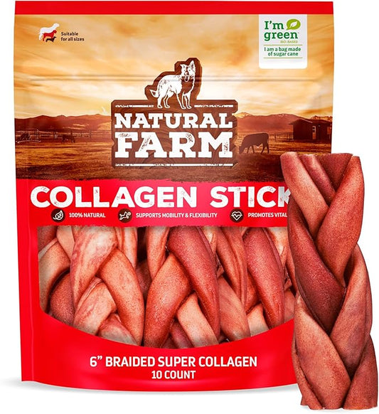 Natural Farm Odor-Free Super Braided Collagen Dog Chews (6-Inch, 10-Pack) First Ever Real Bull Sticks Alternative: 100% Natural Angus Hide Collagen Treats- More Protein More Chew Time for All Dogs