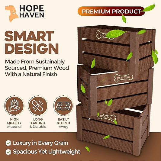 Hope Haven Wooden Dog Toy Bin – Chew-Resistant Toy Storage Box – Large Capacity Basket for all Pet Accessories – Heavy Duty, Pet-Safe Design for Organizing Dog Toys, Leashes, Treats, and More