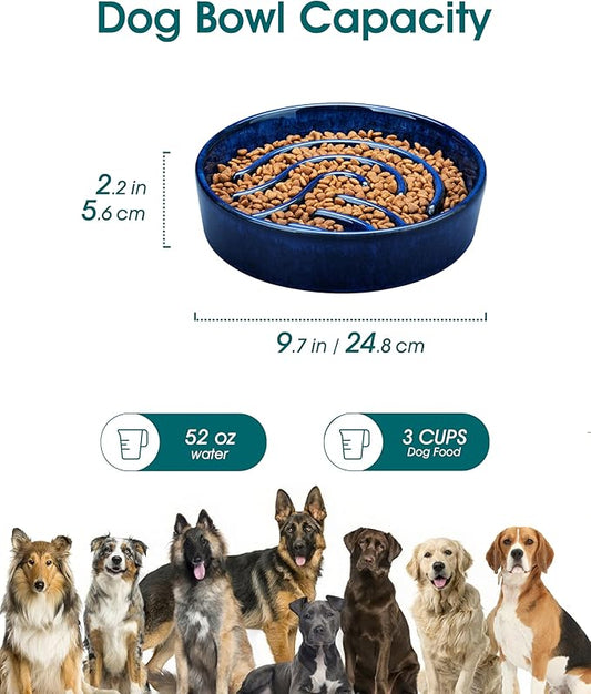 vancasso Slow Feeder Dog Bowl, 3 Cup Ceramic Slow Feeding Food Dish for Large Breed, Puzzle Dog Food Bowl for Fast Eater, Blue