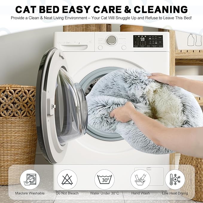 YUDANSI Calming Cat Beds for Indoor Cats - Plush Fluffy Hooded Cave Nest, Anti-Slip Self-Warming Pet Beds, Washable Built-in No-Collapsing Support (Grey-50cm/20in)