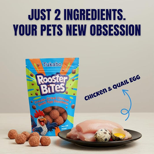 Rooster Bites Chicken Quail Egg Dog & Cat Treats – Only 2 Ingredient Freeze Dried Training Treats - High Protein, All Natural, Made in USA - Picky Eater Approved