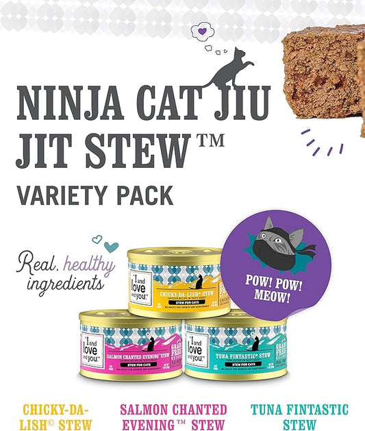 I and love and you Wet Cat Food - Ninja Cat Jiu Jit Stew Variety Pack - Chicken, Salmon, Tuna, Grain Free, Filler Free, 3oz Pack of 12 Cans