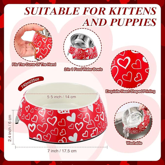 Valentine's Day Pet Food Bowl for Medium Dog Cat, Red White Heart 2 in 1 Valentine Dog Food Water Bowl Stainless Steel Ceramic Stackable Pet Dish Water Feeder Non Slip Easy Clean,Medium Size