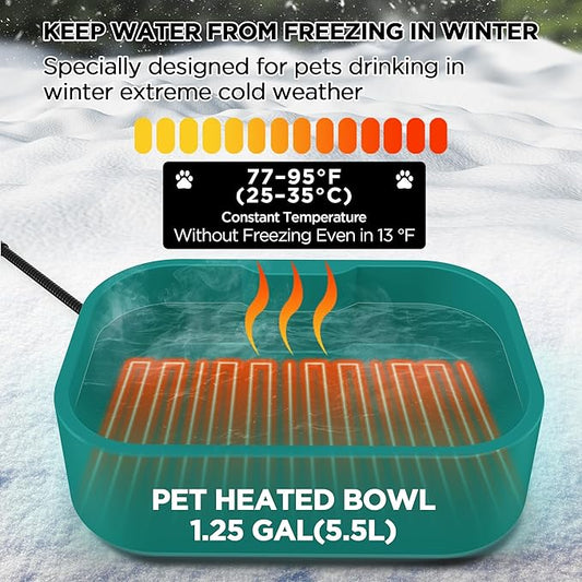 1.25Gal/5.5L Extra Large Pet Heated Water Bowl for Dog Cats Rabbit Chicken Duck Squirrel, Indoor & Outdoor Antifreezing Winter Heated Food & Water Bowl Dish, Thickened Design, BPA-Free, Plug and Play