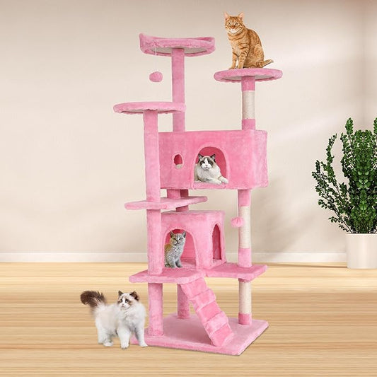 BestPet | 54" Cat Tree Tower | Pink | Sturdy, Easy to Assemble, Multi-Level Activity Center with Sisal Scratching Posts, Condos, Perches, Hanging Cat Toys, Observation Decks & Ladder