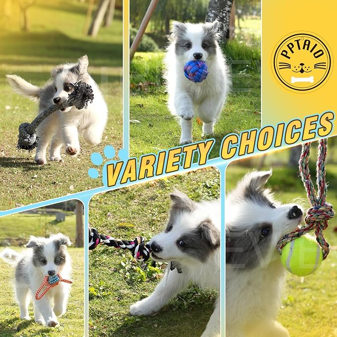 18 Bulk Various Dog Rope Toys for Teething, Entertainment & Interaction, Dog Chew Toys, Training Tug Balls and Squeaky Toys for Medium&Small Puppies.