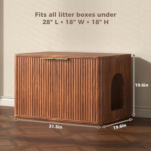 31.5" Walnut Cat Litter Box Enclosure Furniture, Large Decorative Hidden Litter Box Cabinet, Fluted Mid Century Modern Kitty End Table for Living Rooms, Bedrooms, Entryways