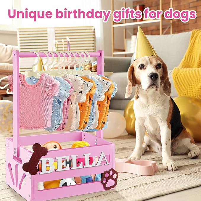 20 x 13 x 9 Wooden Dog Closet Pet Wardrobe Crate Box with Hanging Rods and Personalized Alphabet Letters Easy Assembly Baskets for Dog Cat Toys Clothes Accessories(Pink)