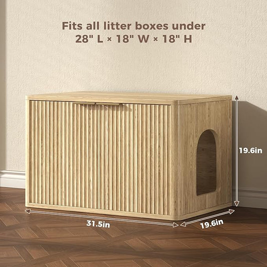 31.5" Oak Cat Litter Box Enclosure Furniture, Large Decorative Hidden Litter Box Cabinet, Fluted Modern Bohemia Kitty End Table for Living Rooms, Entryways, or Bedrooms