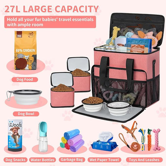 TORIBIO Dog Travel Bag,Large Pet Travel Bag for Supplies with 2 Food Container and Collapsible Bowls,Dog Travel Supplies Organizer Kit for Weekend,Road Trips,Camping