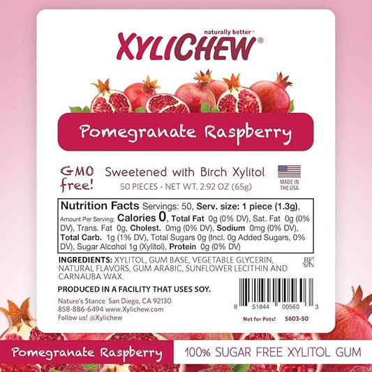 Xylichew 100% Xylitol Chewing Gum - Non GMO, Non Aspartame, Gluten Free, and Sugar Free Gum - Natural Oral Care, Relieves Bad Breath and Dry Mouth - Pomegranate Raspberry, 50 Count