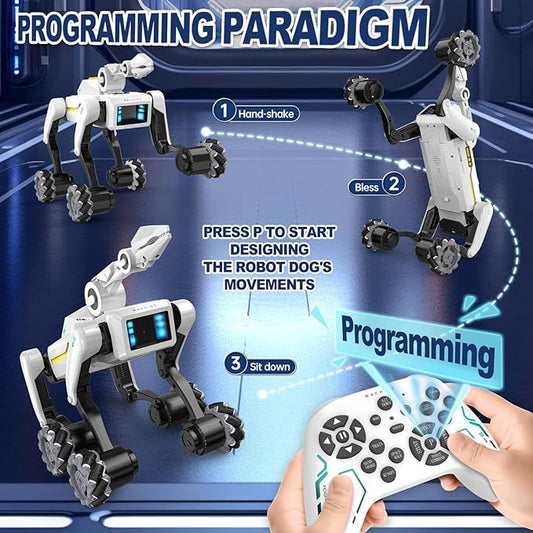 3 in 1 Robot Dog with Wheels Kit, 30+ Bionic Actions, Voice & Remote Control, Programmable Moves, Rechargeable Battery, All-Terrain Stunt Pet Toy for Kids(Removable Claw & Cannon)