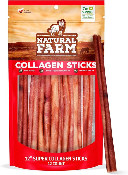 Natural Farm Odor-Free Super Collagen Dog Chews (12-Inch, 12-Pack) The First Ever Real Bull Sticks Alternative: 100% Natural Angus Hide Collagen Treats - More Protein, More Chew Time for All Dogs