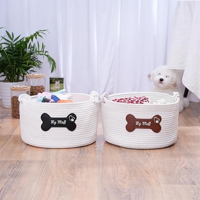 Pet Dog Storage Basket with Brown Leather Bone Design, Cotton Rope Organizer for Dog Toys, 12 x 12 x 7 inches, Puppy Toy Storage Organizer (Brown Leather Basket)