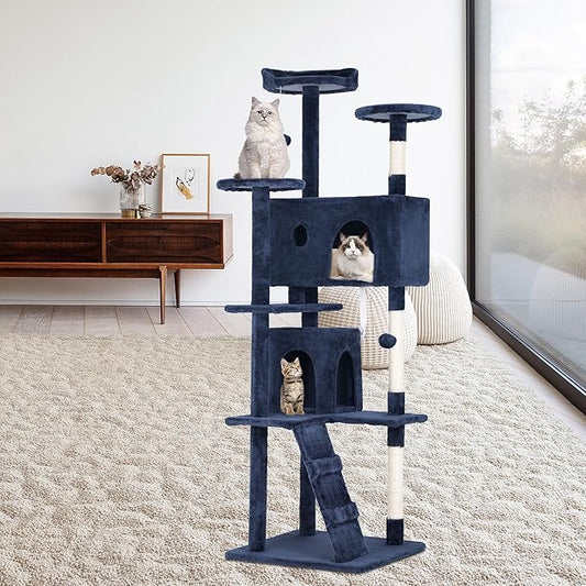 BestPet | 70" Cat Tree Tower | Navy Blue | Sturdy, Easy to Assemble, Multi-Level Activity Center with Sisal Scratching Posts, Condos, Perches, Hanging Cat Toys, Observation Decks & Ladder