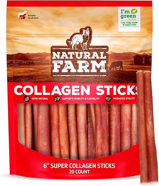 Natural Farm Odor-Free Super Collagen Dog Chews (6-Inch, 20-Pack) The First Ever Real Bull Sticks Alternative: 100% Natural Angus Hide Collagen Treats - More Protein, More Chew Time for All Dogs