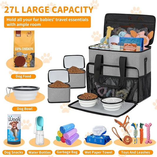 TORIBIO Dog Travel Bag,Large Pet Travel Bag for Supplies with 2 Food Container and Collapsible Bowls,Dog Travel Supplies Organizer Kit for Weekend,Road Trips,Camping