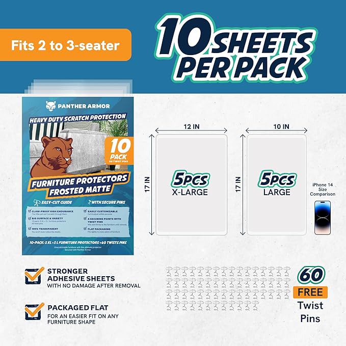 10 Pack Cat Scratch Furniture Protector Sheets – Matte Finish Couch & Sofa Guard from Cat Claws – Easy Apply, Removable, with Twist Pins (5 XL + 5 Large)