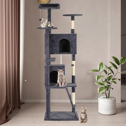 BestPet | 81" Cat Tree Tower | Dark Gray | Sturdy, Easy to Assemble, Multi-Level Activity Center with Sisal Scratching Posts, Condos, Perches, Hanging Cat Toys, Observation Decks & Ladder
