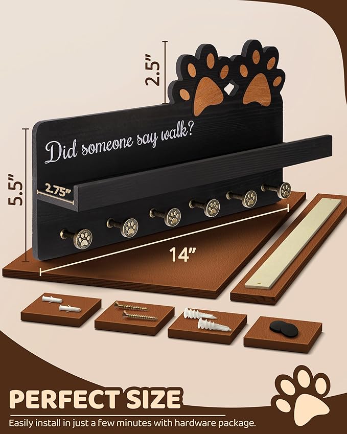 MTERSN Decorative Dog Leash Holder for Wall - Dog Accessories Organizer with Floating Shelf & 6 Hooks for Home Decor - The Cute Key Holder Wall Mount for Dogs Lover Gifts (Black)