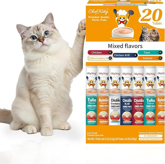 Purée Pops, Cat Treats, Grain-Free, Lickable, Squeezable Creamy Cat Treat/Topper with Vitamin E & Taurine, 0.5 Ounces Each Tube, 20 Tubes, Chicken and Seafood Mix Variety