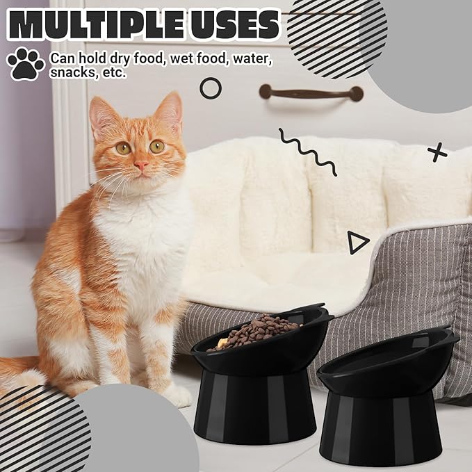 Zhehao 2 Pieces Plastic Raised Bowl Tilted 15 Degrees Elevated Cat Food and Water Bowls Set Anti Vomit Dog Kitten Food Dishes Pet for Cats and Small Dogs(Cat Ears,Black)