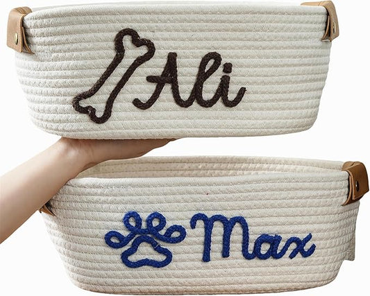 JUPPE Custom Pet Dog Toy Basket with Personalized Name, Cat or Dog Toys and Storage Organizer Customize Dog Toy Gift Cotton Rope Basket Gift (For pet)
