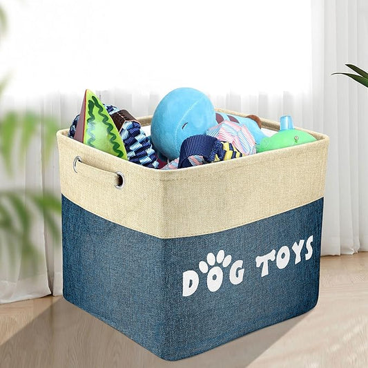 PET ARTIST Large Dog Toy Basket Bin - Rectangular Storage Box Chest Organizer for Dog Toys,Coats,Clothing,Apparel & Accessories & Blanket,Navy Blue,15"x13"x12"