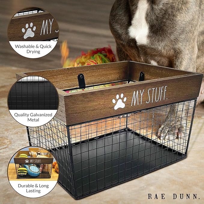 Rae Dunn Pet Toy Storage Bin - Metal and Wood Organizer for Dog Toys, Treats, Leashes - Cat Toy Basket Container - Dark Wood