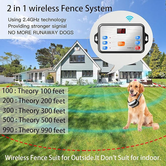 Wireless Dog Fence & Training Collar 2 in 1 System,Boundary Containment System for Stubborn Dogs,with Rechargeable Shock/Tone Waterproof Training Collar,Adjustable Control Range 990 ft,for 123 Dogs,fo